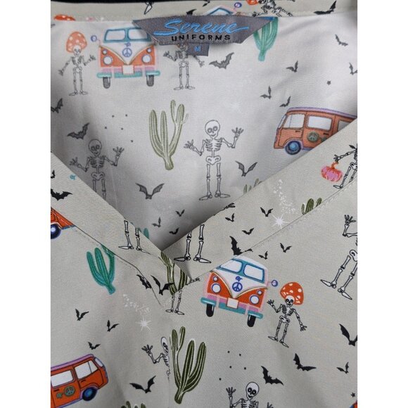 Serene Uniforms Scrub Top Womens Medium Nurse Skeletons Hippee Bus Halloween - Picture 3 of 3
